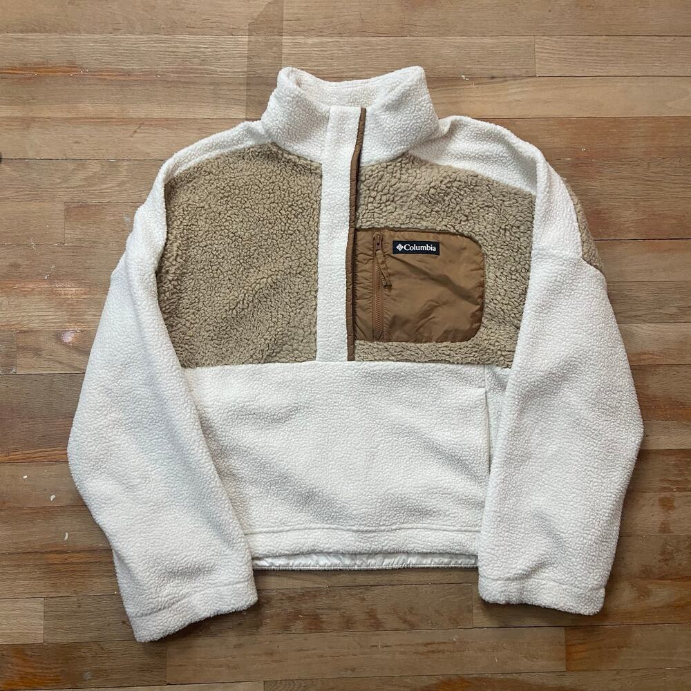 Columbia Women's Lodge Sherpa Fleece Pullover White Brown Size XL